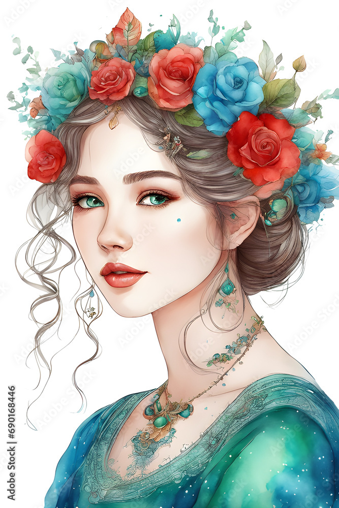 Beautiful woman wearing a crown of flowers.