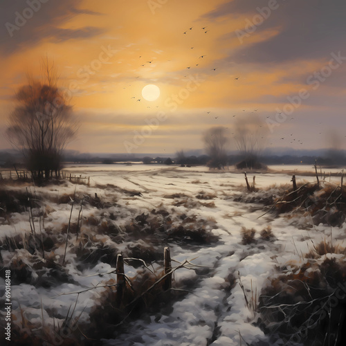 Winter or early spring landscape with field at sunset
