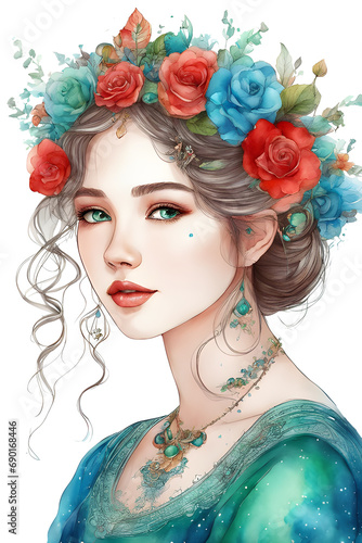 Beautiful woman wearing a crown of flowers. © Abde