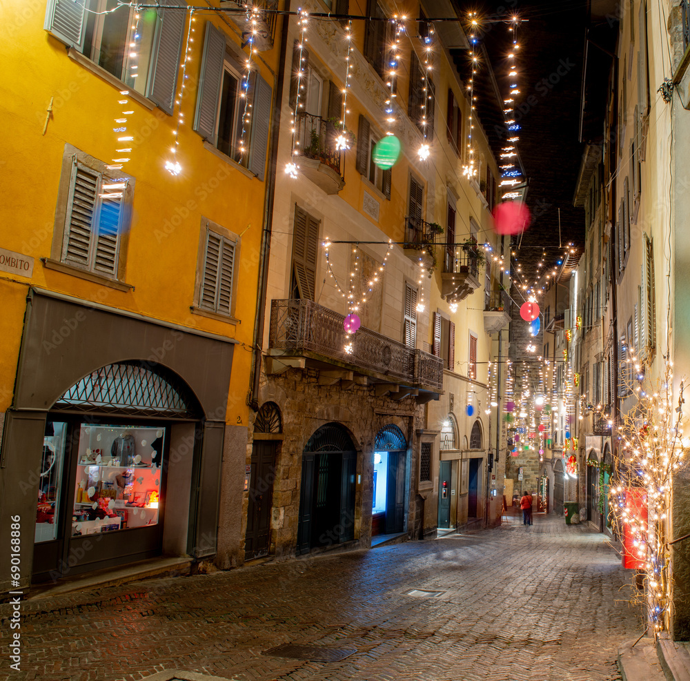 Ancient Bergamo street illuminated for Christmas