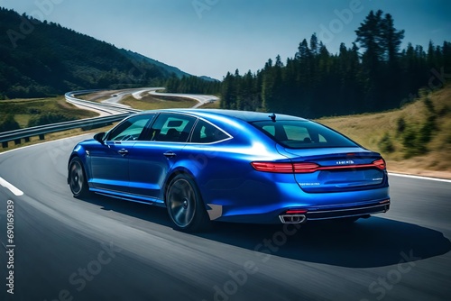 *rear view of blew business car on high speed in turn. blue car rushing along a high-speed highway photo
