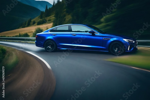 **rear view of blew business car on high speed in turn. blue car rushing along a high-speed highway