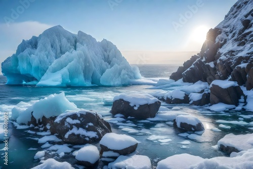 ice lcebergs and snow coverd rocks against the sea created with the help of artificial intelligence