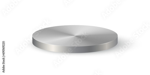 Silver steel 3d cylinder. Front view of metal platform isolated on white background. Cylinder pillar, chrome pipe, museum stage, pedestal or product podium. Geometric shape vector illustration.