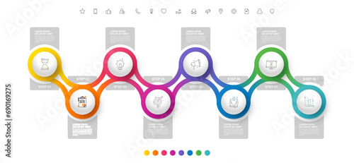 Modern vector minimalist infographic template composed of 8 circles and steps. Business design with marketing icons for eight options