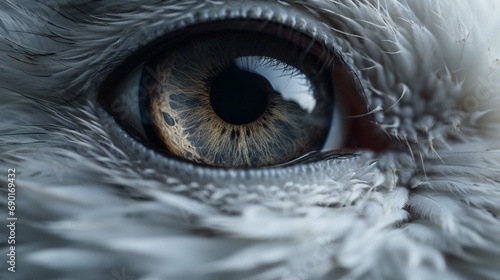 Close up snowy owl eye with wooden background #690169432