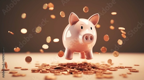 Coins falling to white piggy saving , Financial and money deposit