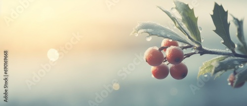 Close-up of frozen dew drops on healthy red rosehip berries. A cool sunny day. Winter nature concept. photo