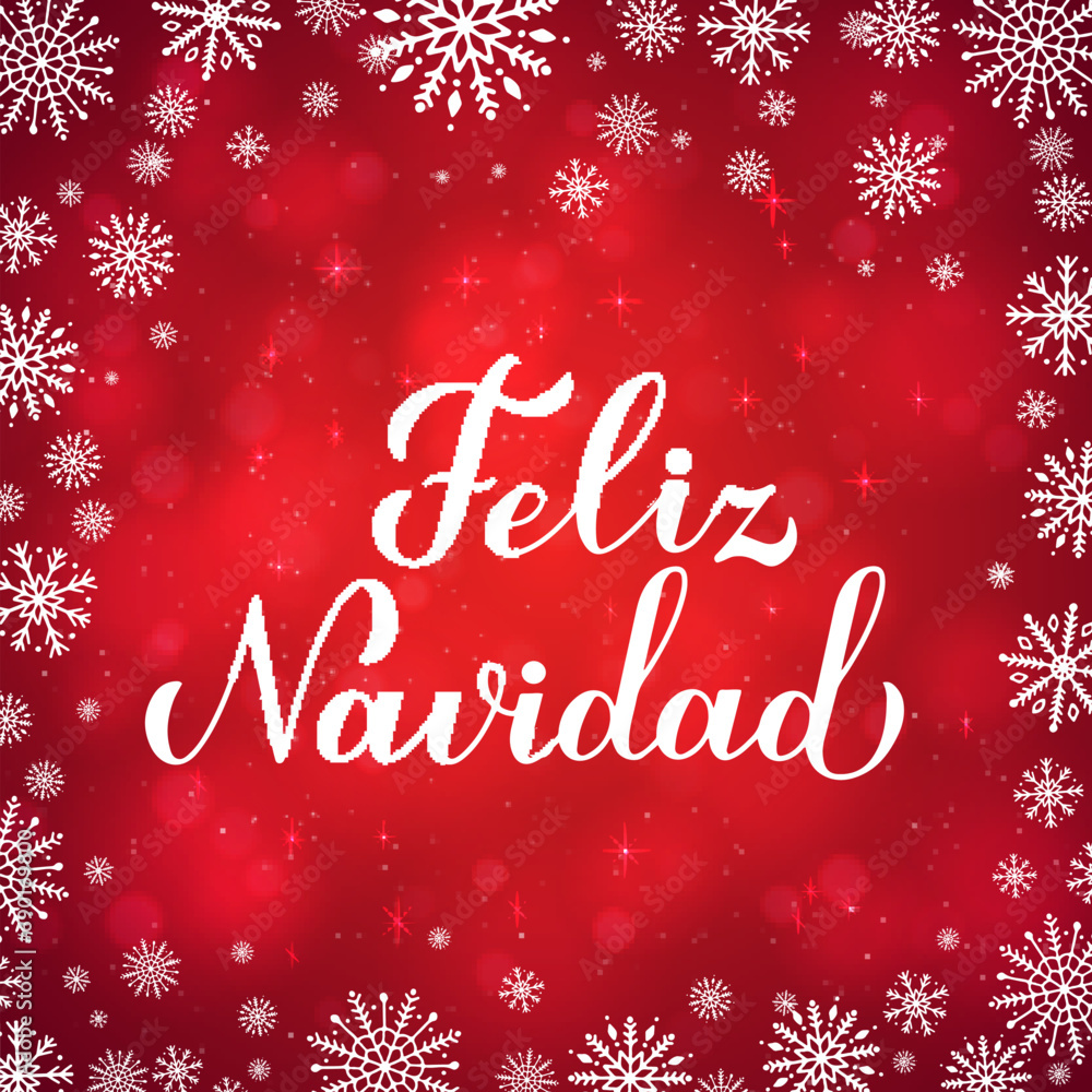 Feliz Navidad calligraphy hand lettering on red background with bokeh and snowflakes. Merry Christmas typography poster in Spanish. Vector template for greeting card, banner, flyer, etc.