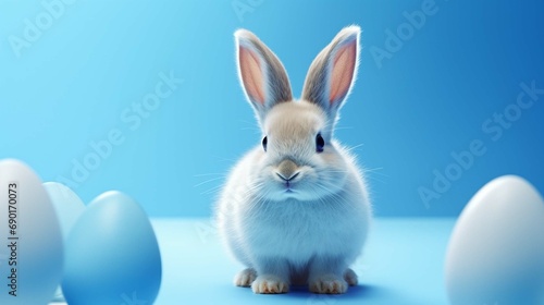Easter bunny rabbit with blue painted egg on blue background