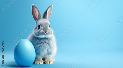 Easter bunny rabbit with blue painted egg on blue background © Ammar