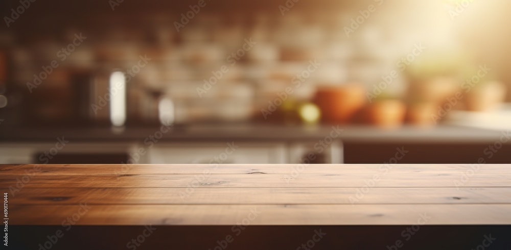Generative AI, empty wooden tabletop on blurred modern kitchen background with copy space Generative AI, empty wooden tabletop on blurred modern kitchen background with copy space