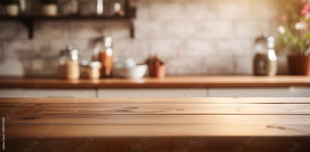 Generative AI, empty wooden tabletop on blurred modern kitchen background with copy space Generative AI, empty wooden tabletop on blurred modern kitchen background with copy space