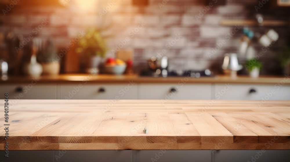 Generative AI, empty wooden tabletop on blurred modern kitchen background with copy space Generative AI, empty wooden tabletop on blurred modern kitchen background with copy space