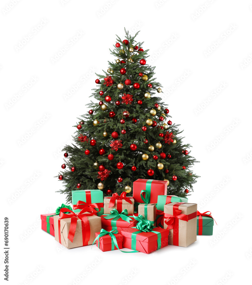Beautiful Christmas tree with many gift boxes under on white background Beautiful Christmas tree with many gift boxes under on white background