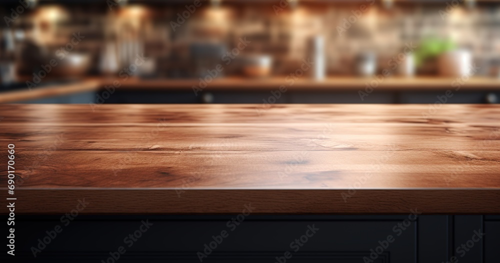 Generative AI, empty wooden tabletop on blurred modern kitchen background with copy space Generative AI, empty wooden tabletop on blurred modern kitchen background with copy space