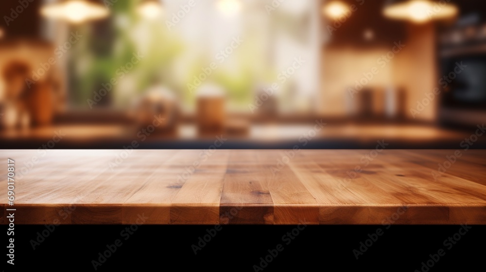 Generative AI, empty wooden tabletop on blurred modern kitchen background with copy space