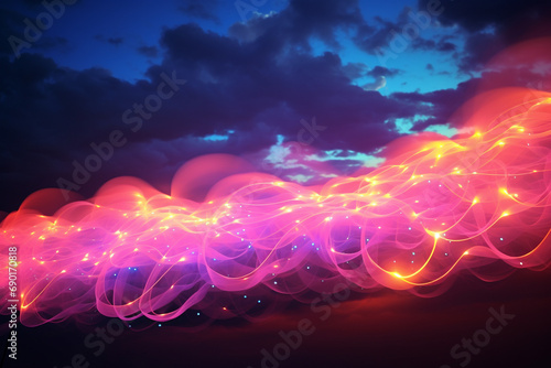 Graphic resources, festive concept. Glowing neon string surreal colorful garlands in clouds foggy dark background with copy space. Vivid glowing colors, wave or light trail painting pattern