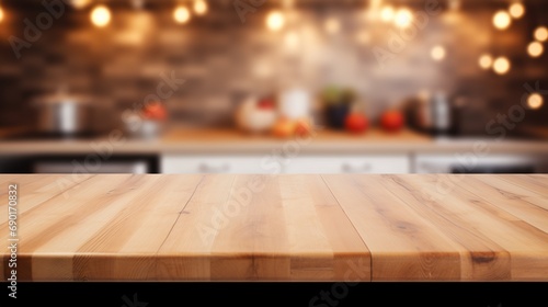 Generative AI, empty wooden tabletop on blurred modern kitchen background with copy space