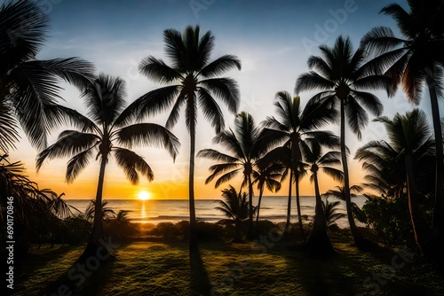 **silhouette of plam trees at tropical sunrise or sunset