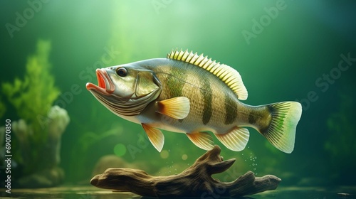 Fishing trophy - big freshwater perch in water on green background