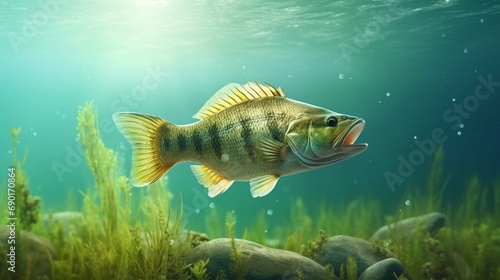 Fishing trophy - big freshwater perch in water on green background