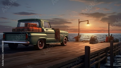 A classic pickup truck parked near a coastal pier, its tailgate open with fishing gear, embodying the nostalgic spirit of seaside adventures.