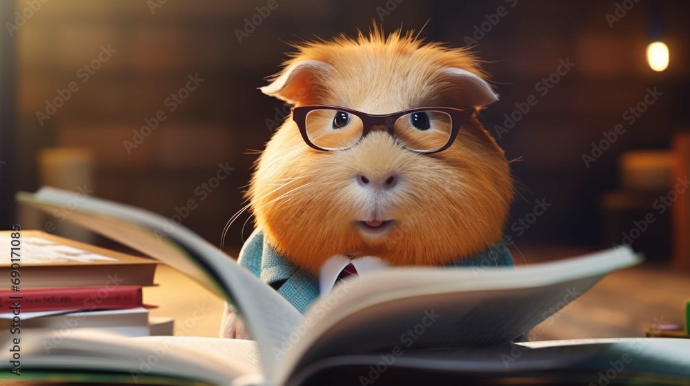 funny guinea pig in glasses reading a book