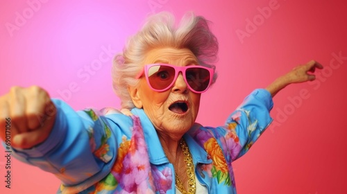 Funny grandmother portraits. 80s style outfit. Dab dance on colored backgrounds photo
