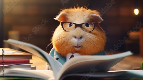 funny guinea pig in glasses reading a book