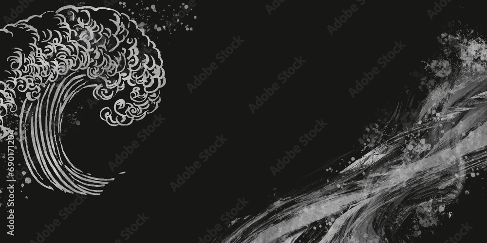 黒背景にダイナミックな銀色の和波と筆跡の抽象横長ダークイラストテンプレート。和風の伝統的な海や渦