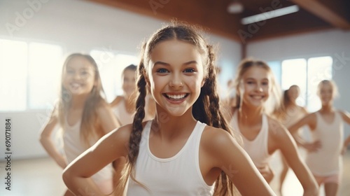 Group of young girls having fun in dance studio