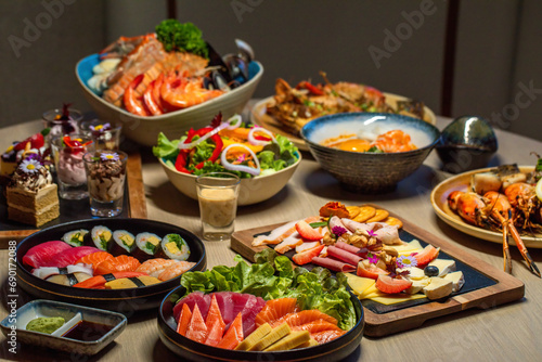 Assorted healthy seafood and vegetables spread on dining table. Gourmet and nutrition.