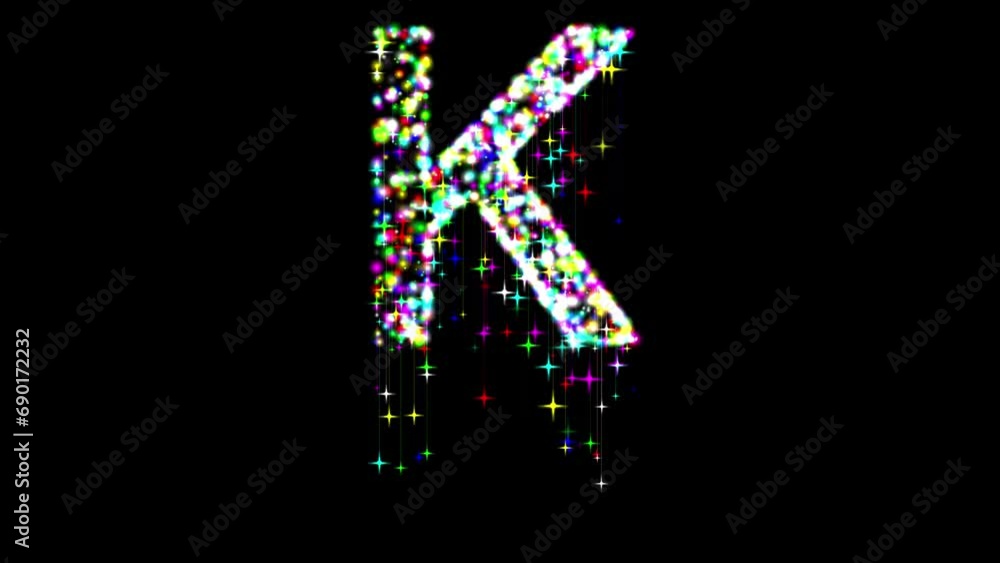 English alphabet K with colorful glitter sparkles and falling stars on plain black background English alphabet K with colorful glitter sparkles and falling stars on plain black background