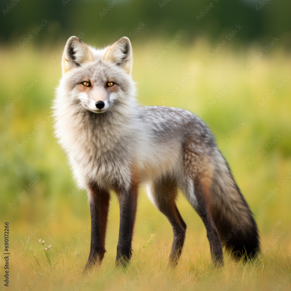 brown artic fox in summer standing in a field. brown artic fox in summer standing in a field.