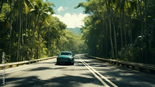 Highway road drive through dense jungle foliage on the south side of tropical Caribbean island Cozumel, Mexico in Quintana roo. photo