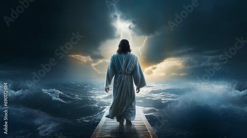 Jesus walks on water across the sea during a storm