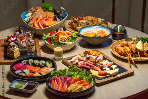 Assorted traditional Japanese dishes on table. Authentic Asian cuisine and dining.