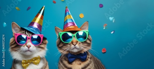 Happy Birthday, carnival, New Year's eve, sylvester or other festive celebration, funny animals card - Cats with party hat and sunglasses on blue background with confetti © Corri Seizinger