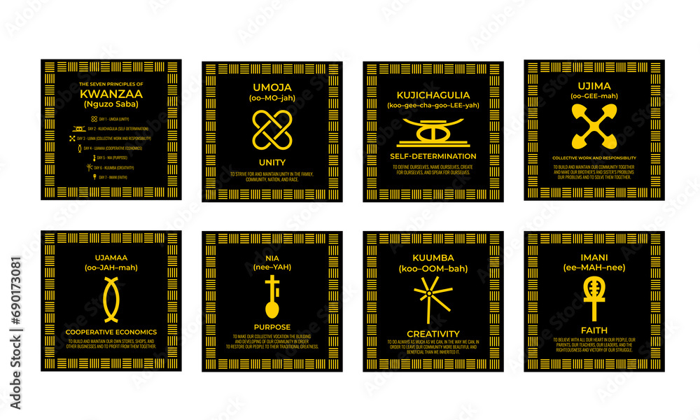 The Seven Principles of Kwanzaa signs. African American Christmas. 7 days of Kwanzaa set. Vector template for typography poster, banner, greeting card, postcard, flyer, etc.