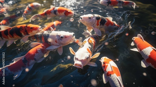  Large school of colorful orange and black Koi fish splasing on the surface of the water with their mouth open begging for ood