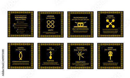 The Seven Principles of Kwanzaa signs. African American Christmas. 7 days of Kwanzaa set. Vector template for typography poster, banner, greeting card, postcard, flyer, etc. photo