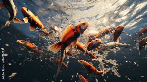 Foto Large school of colorful orange and black Koi fish splasing on the surface of t