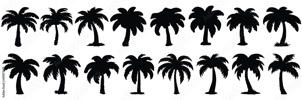 Palm tree silhouettes set, large pack of vector silhouette design, isolated white background Palm tree silhouettes set, large pack of vector silhouette design, isolated white background