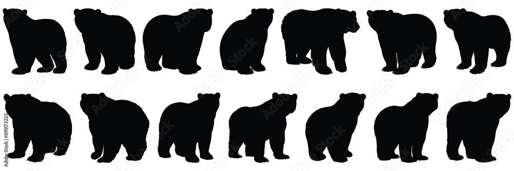 Polar bear silhouettes set, large pack of vector silhouette design, isolated white background - obrazy, fototapety, plakaty 
