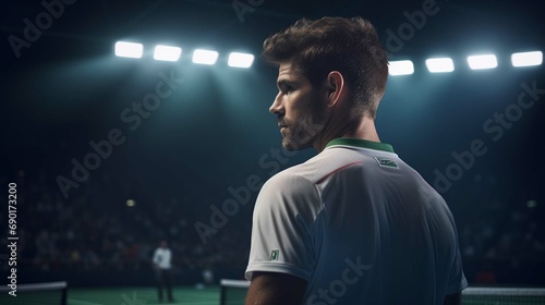 Male tennis player looking back over his shoulder while holding a racket and ball on the court photo