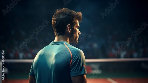 Male tennis player looking back over his shoulder while holding a racket and ball on the court photo