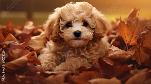  Maltipoo puppy dog in a pile of Fall leaves in autumn background