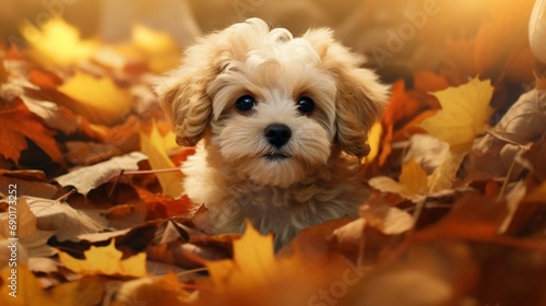 Maltipoo puppy dog in a pile of Fall leaves in autumn background