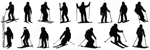 Ski snowboard silhouettes set, large pack of vector silhouette design, isolated white background